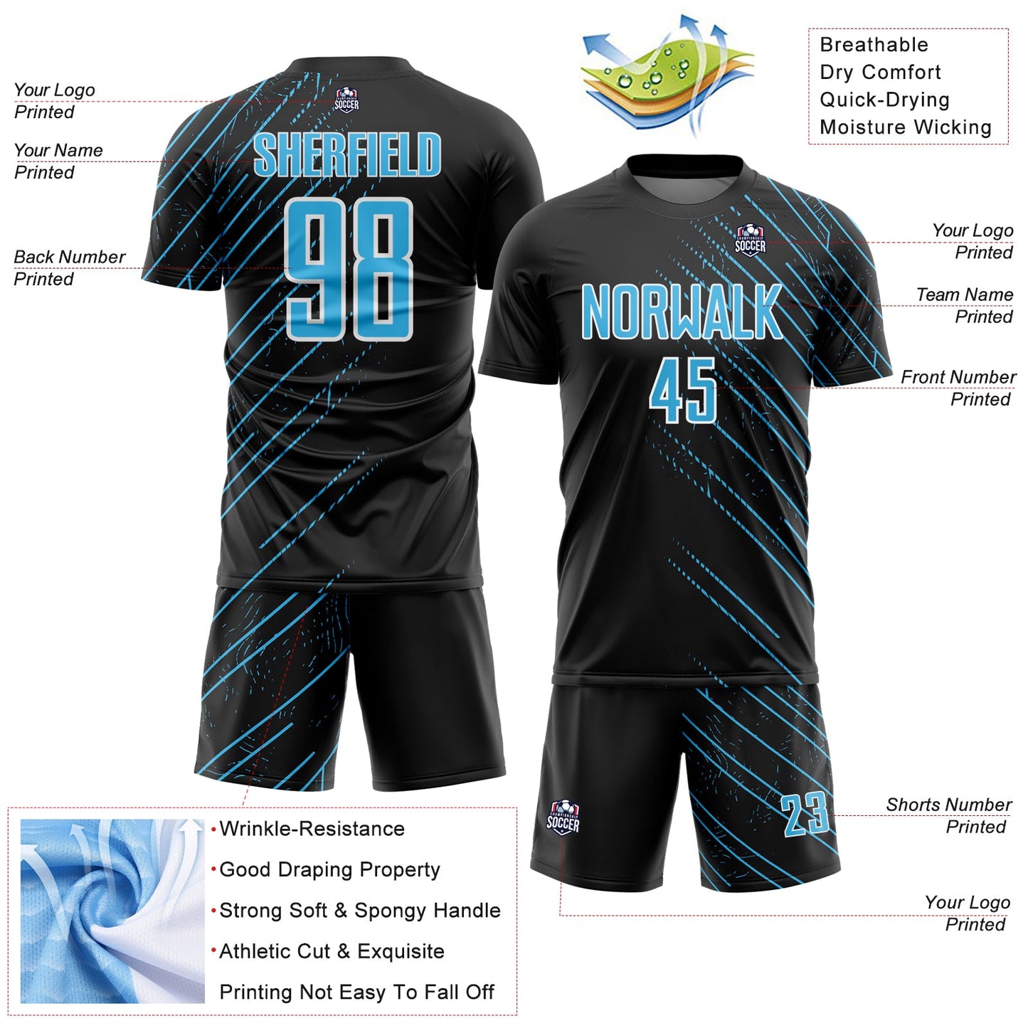 Custom Black Sky Blue-White Lines Sports Sublimation Soccer Uniform Jersey view 4