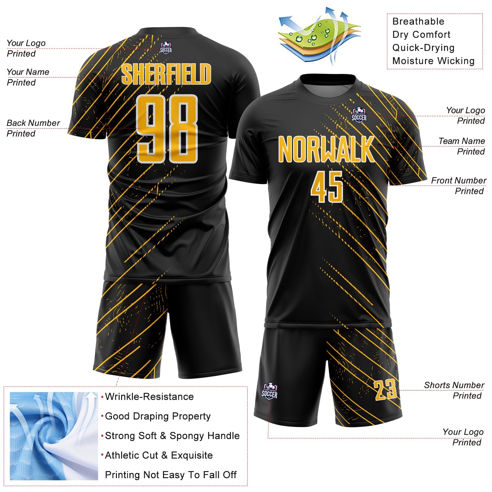 Custom Black Gold-White Lines Sports Sublimation Soccer Uniform Jersey view 4