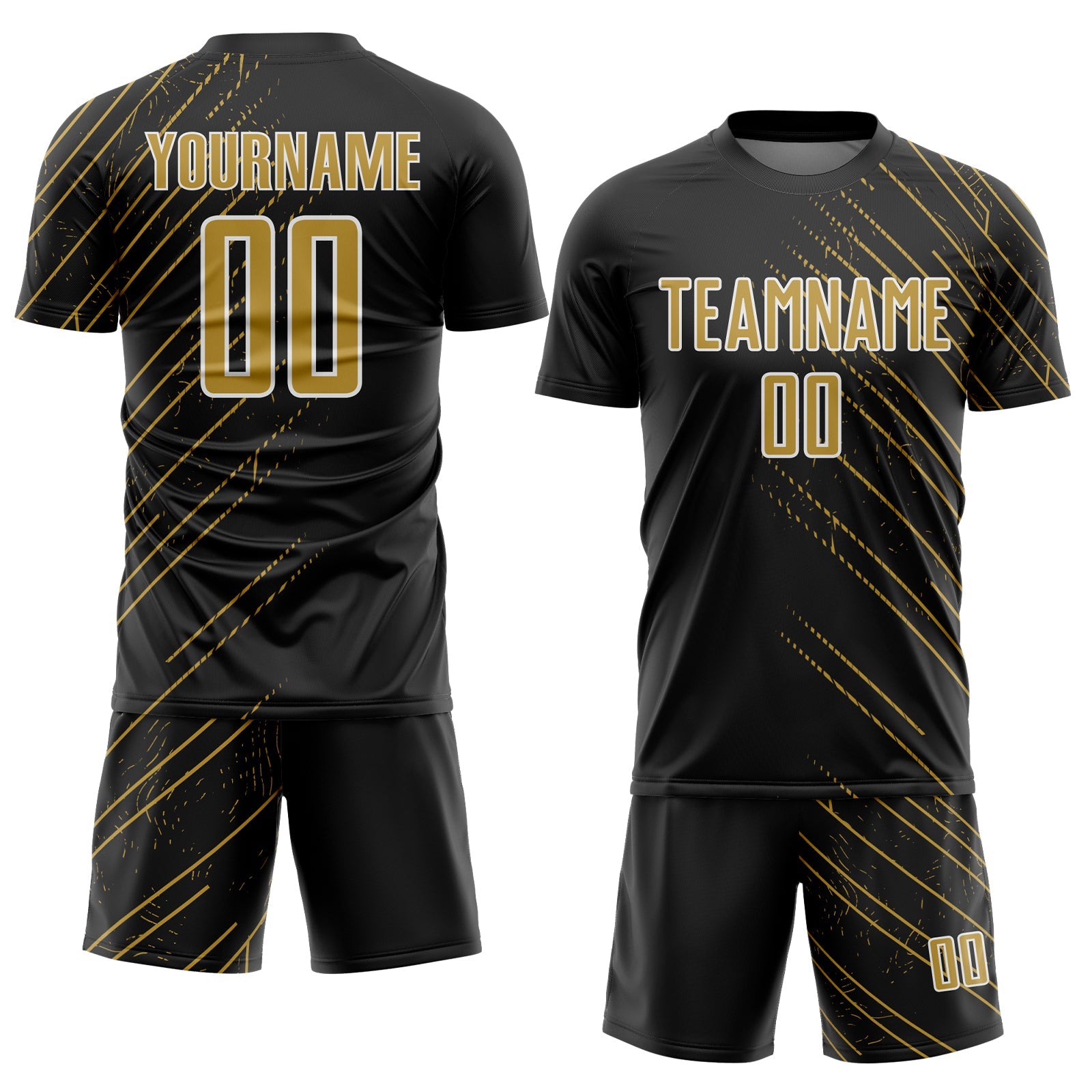 Custom Black Old Gold-White Lines Sports Sublimation Soccer Uniform Jersey view 2