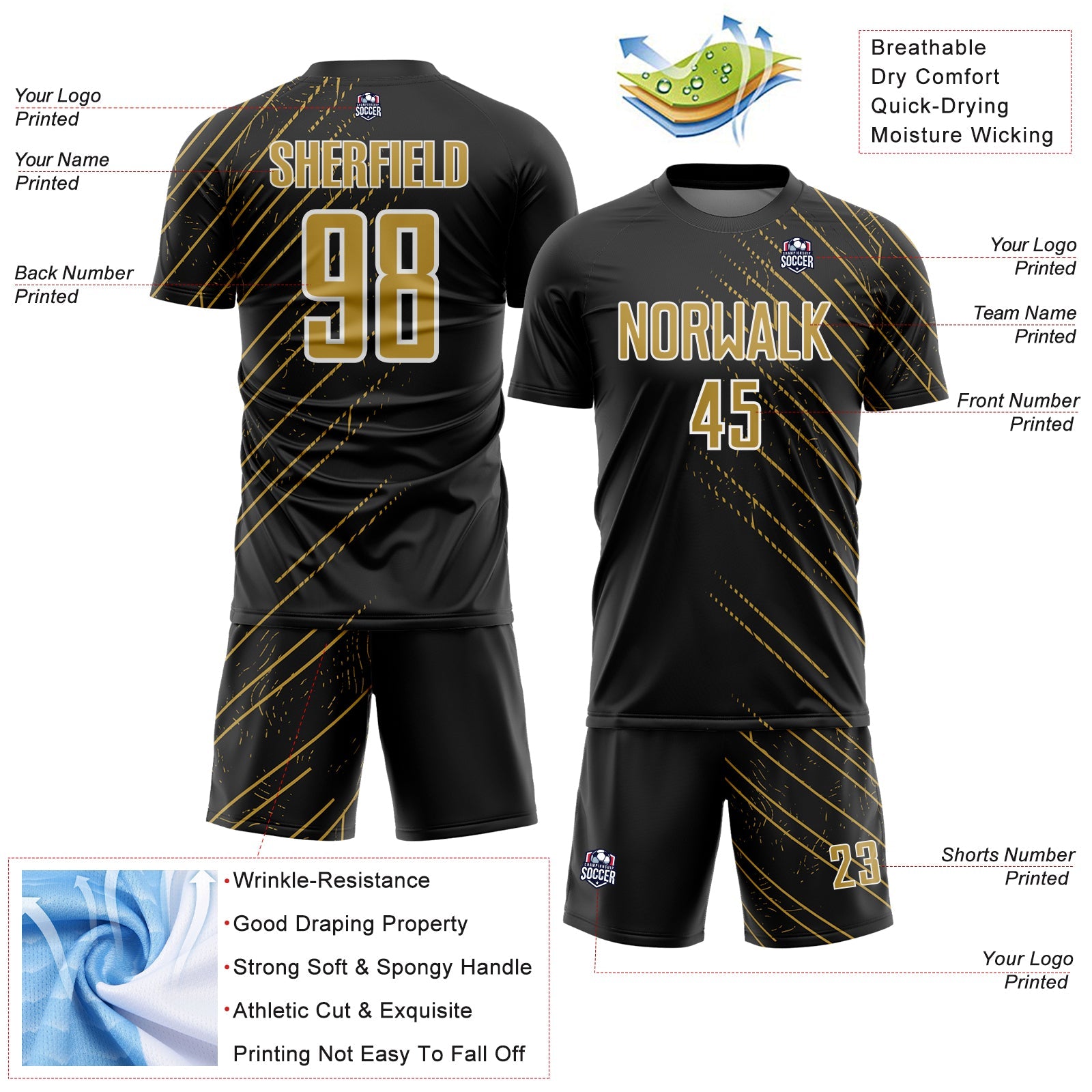 Custom Black Old Gold-White Lines Sports Sublimation Soccer Uniform Jersey view 4