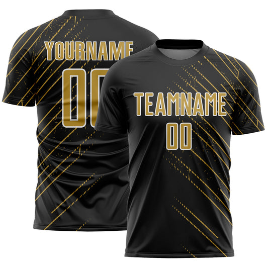 Custom Black Old Gold-White Lines Sports Sublimation Soccer Uniform Jersey - Main View
