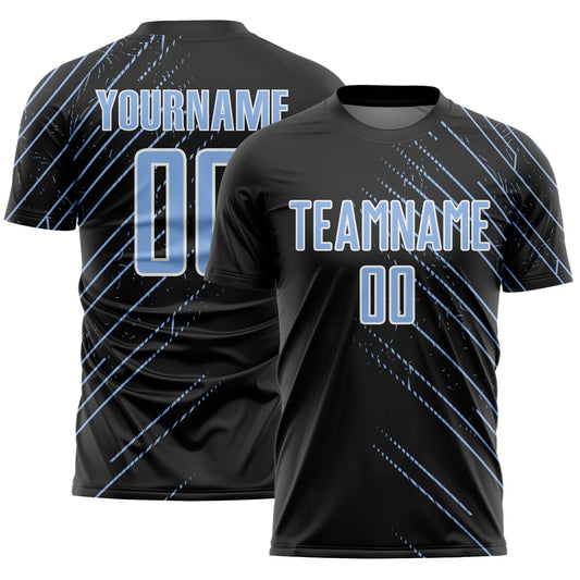 Custom Black Light Blue-White Lines Sports Sublimation Soccer Uniform Jersey - Main View