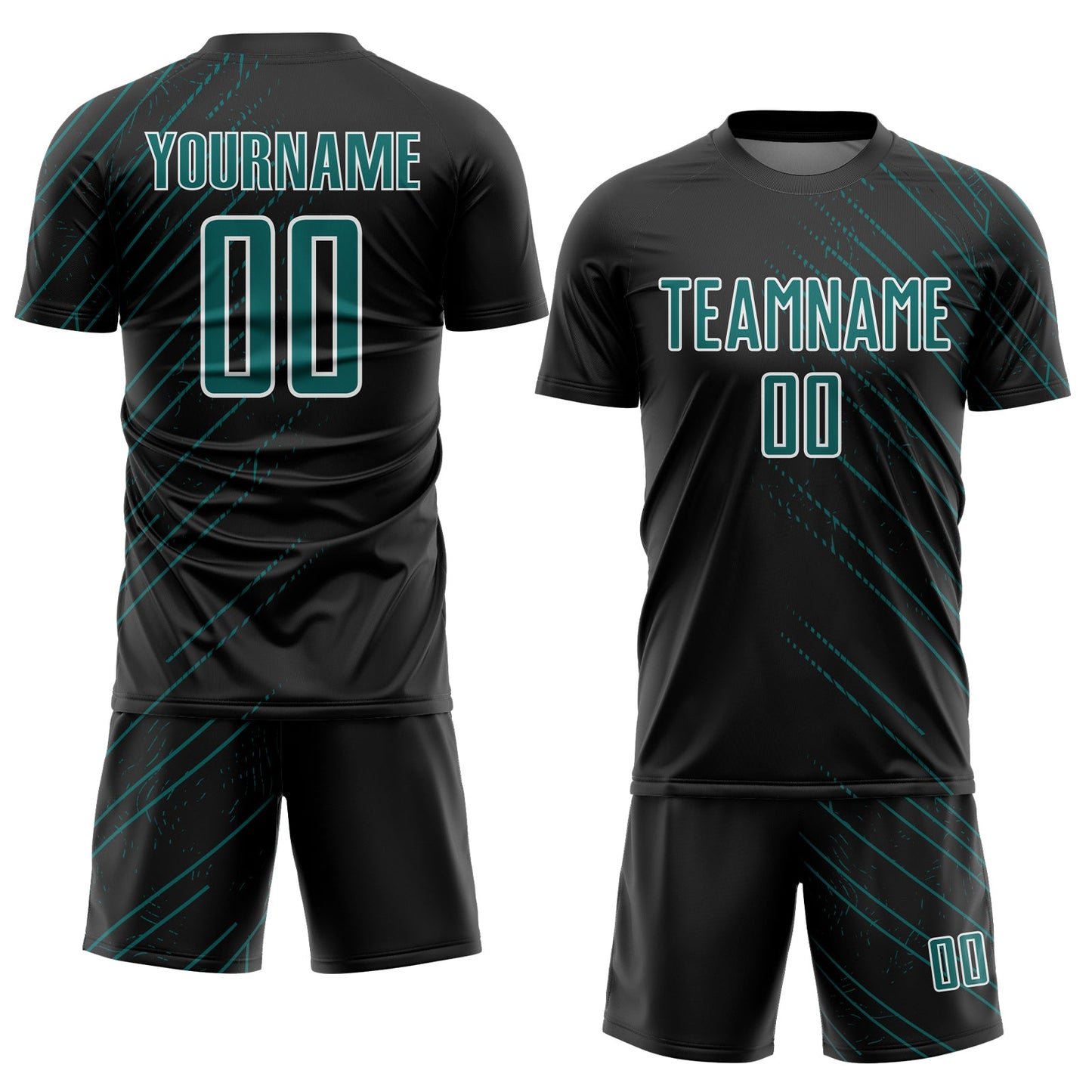 Custom Black Teal-White Lines Sports Sublimation Soccer Uniform Jersey view 2