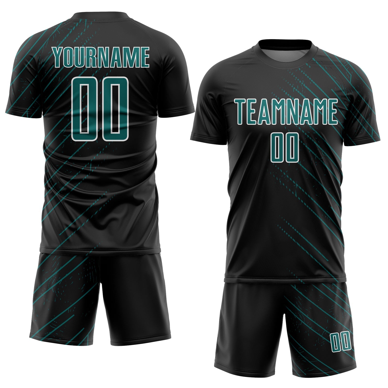 Custom Black Teal-White Lines Sports Sublimation Soccer Uniform Jersey view 2