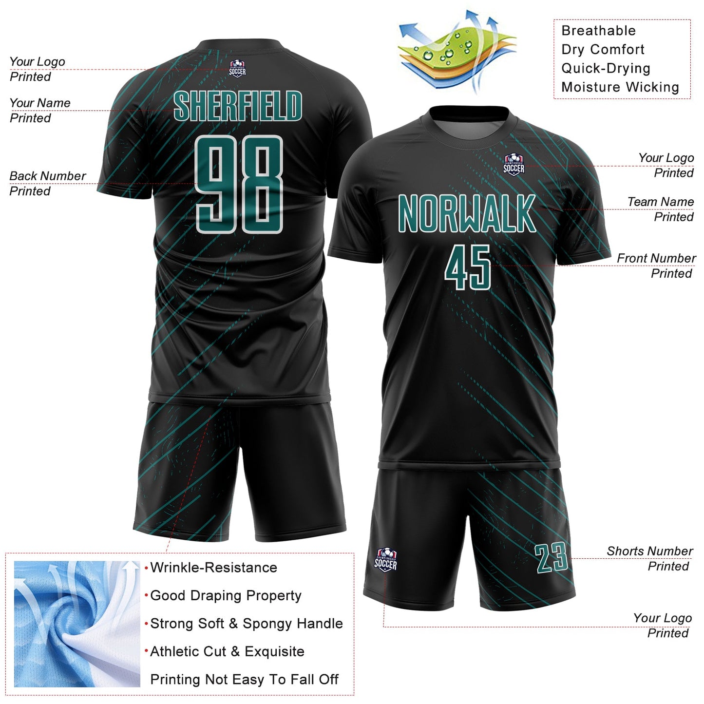 Custom Black Teal-White Lines Sports Sublimation Soccer Uniform Jersey view 4