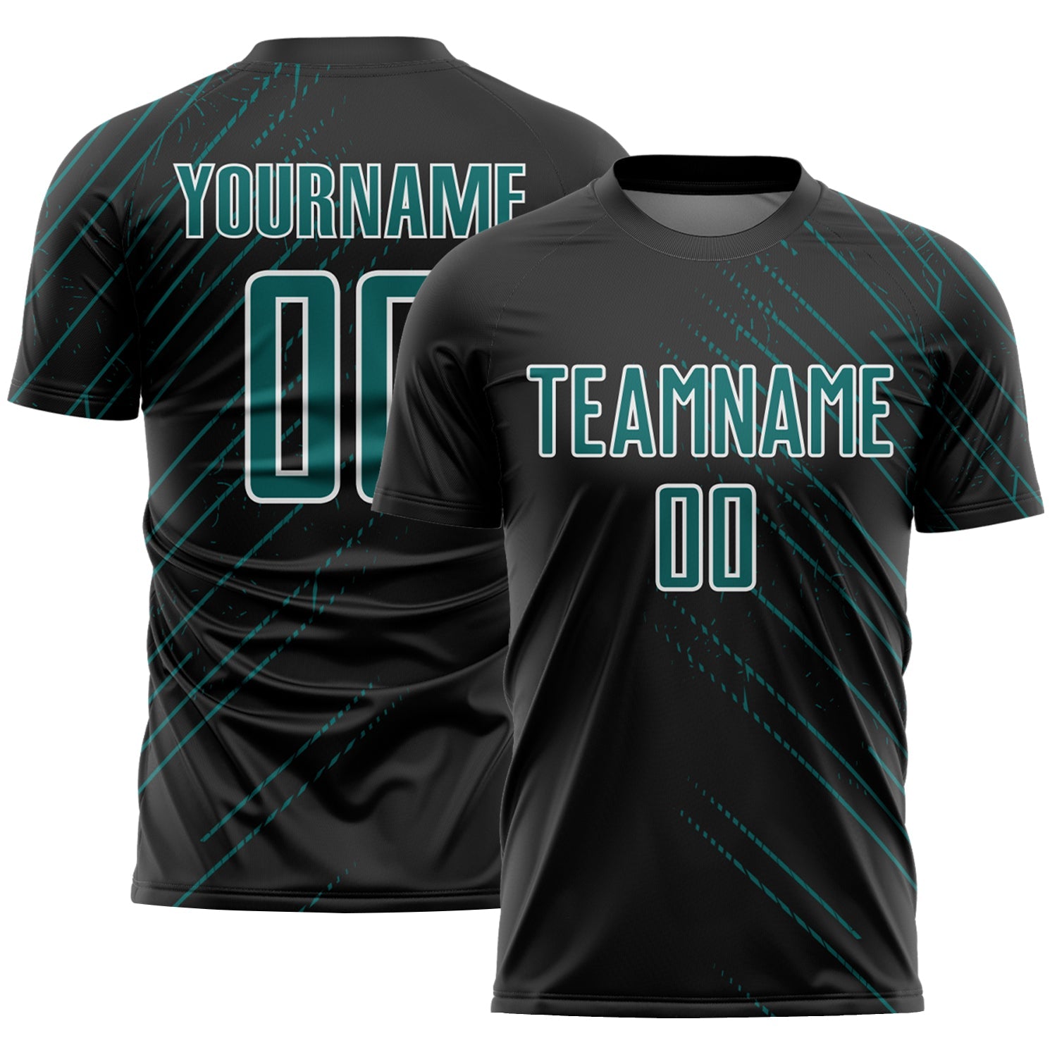 Custom Black Teal-White Lines Sports Sublimation Soccer Uniform Jersey - Main View