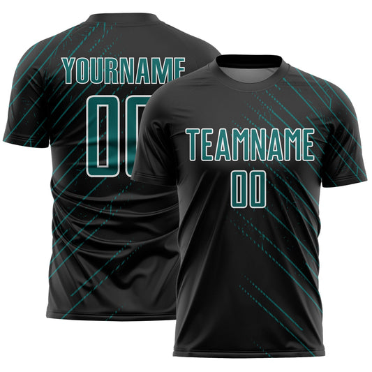 Custom Black Teal-White Lines Sports Sublimation Soccer Uniform Jersey - Main View