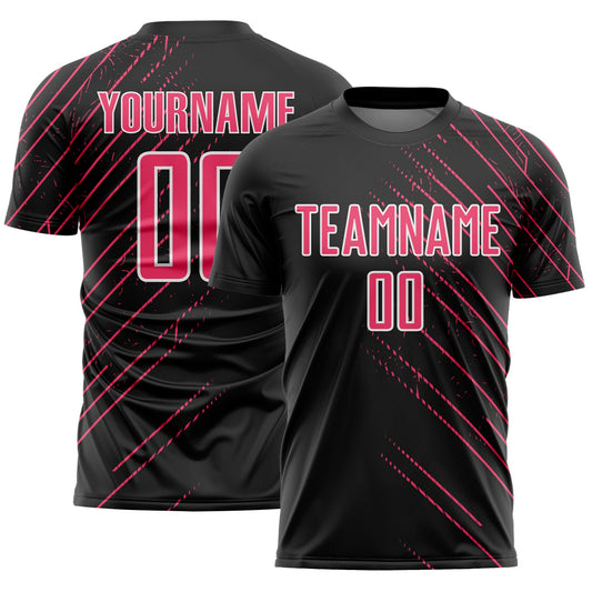 Custom Black Neon Pink-White Lines Sports Sublimation Soccer Uniform Jersey - Main View