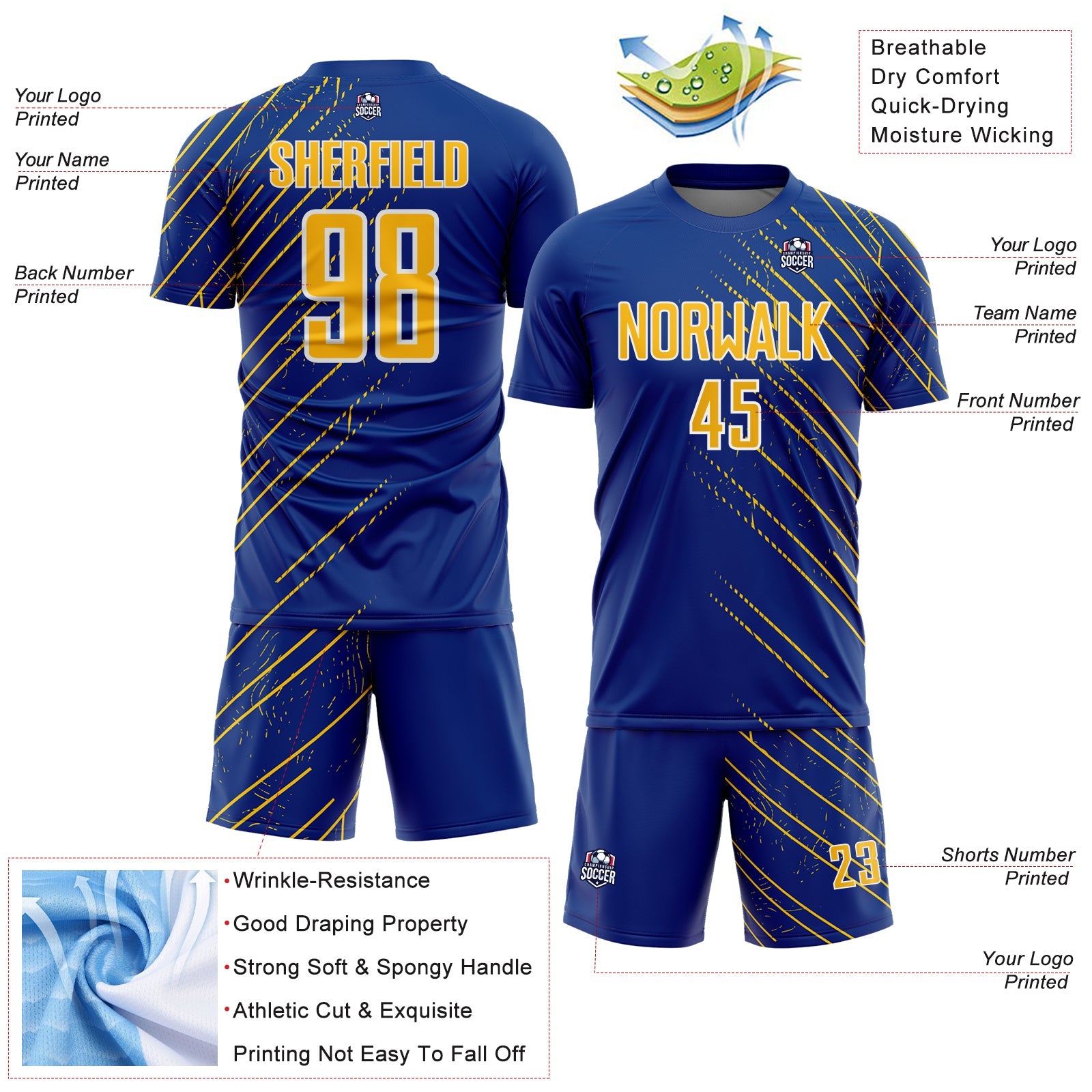 Custom Royal Yellow-White Lines Sports Sublimation Soccer Uniform Jersey view 4