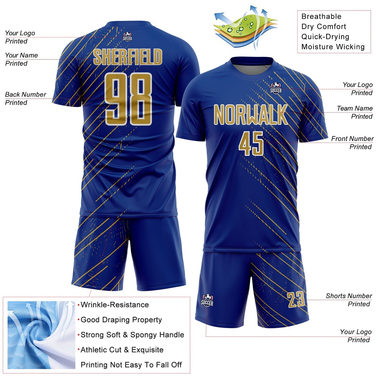 Custom Royal Old Gold-White Lines Sports Sublimation Soccer Uniform Jersey view 4