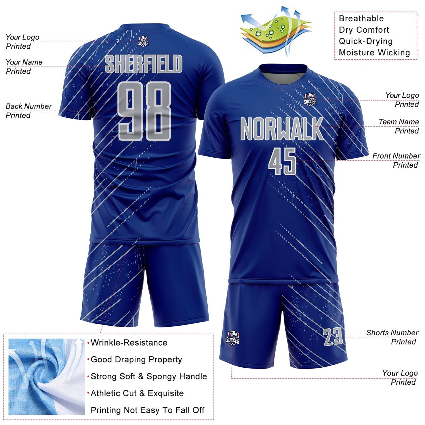 Custom Royal Gray-White Lines Sports Sublimation Soccer Uniform Jersey view 4