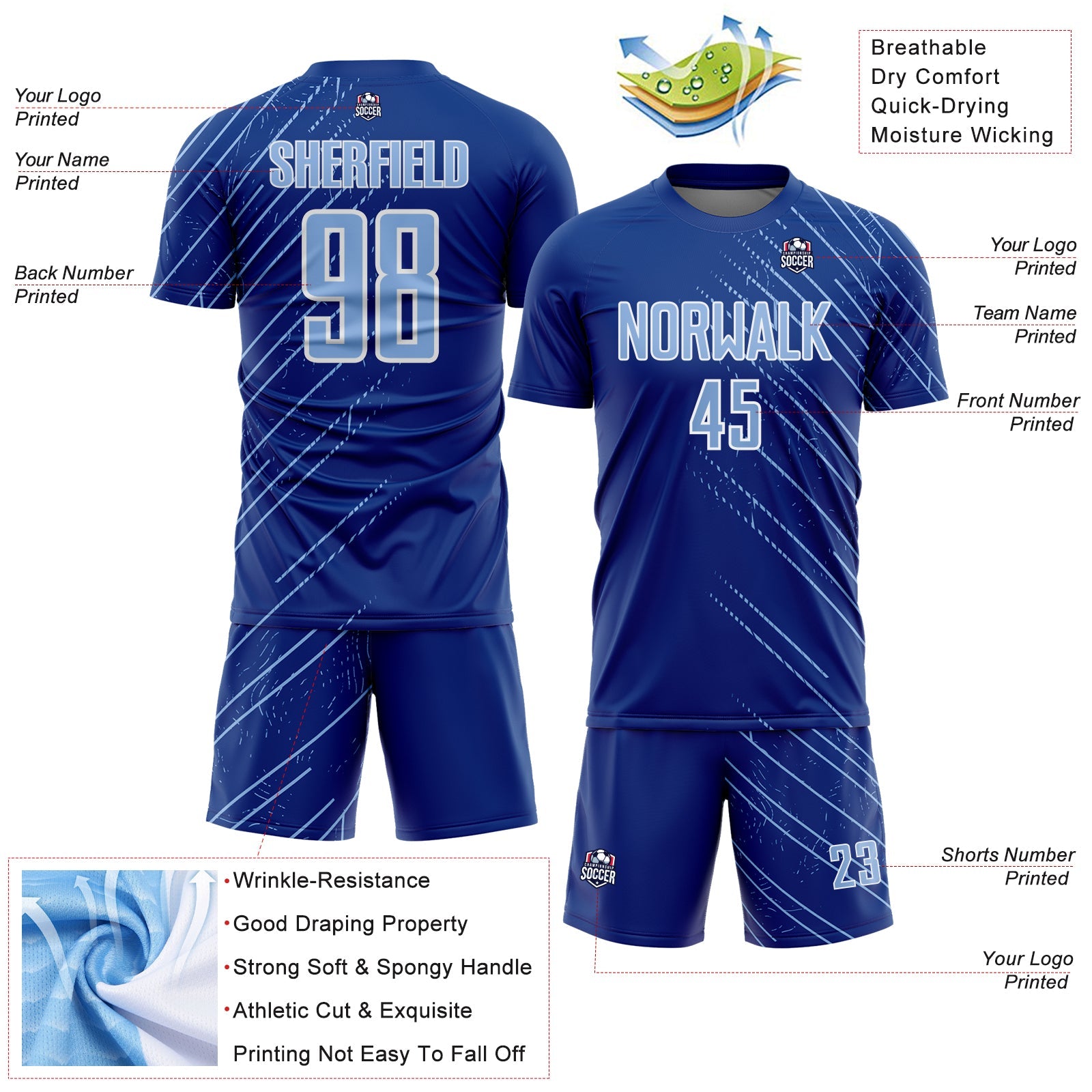 Custom Royal Light Blue-White Lines Sports Sublimation Soccer Uniform Jersey view 4