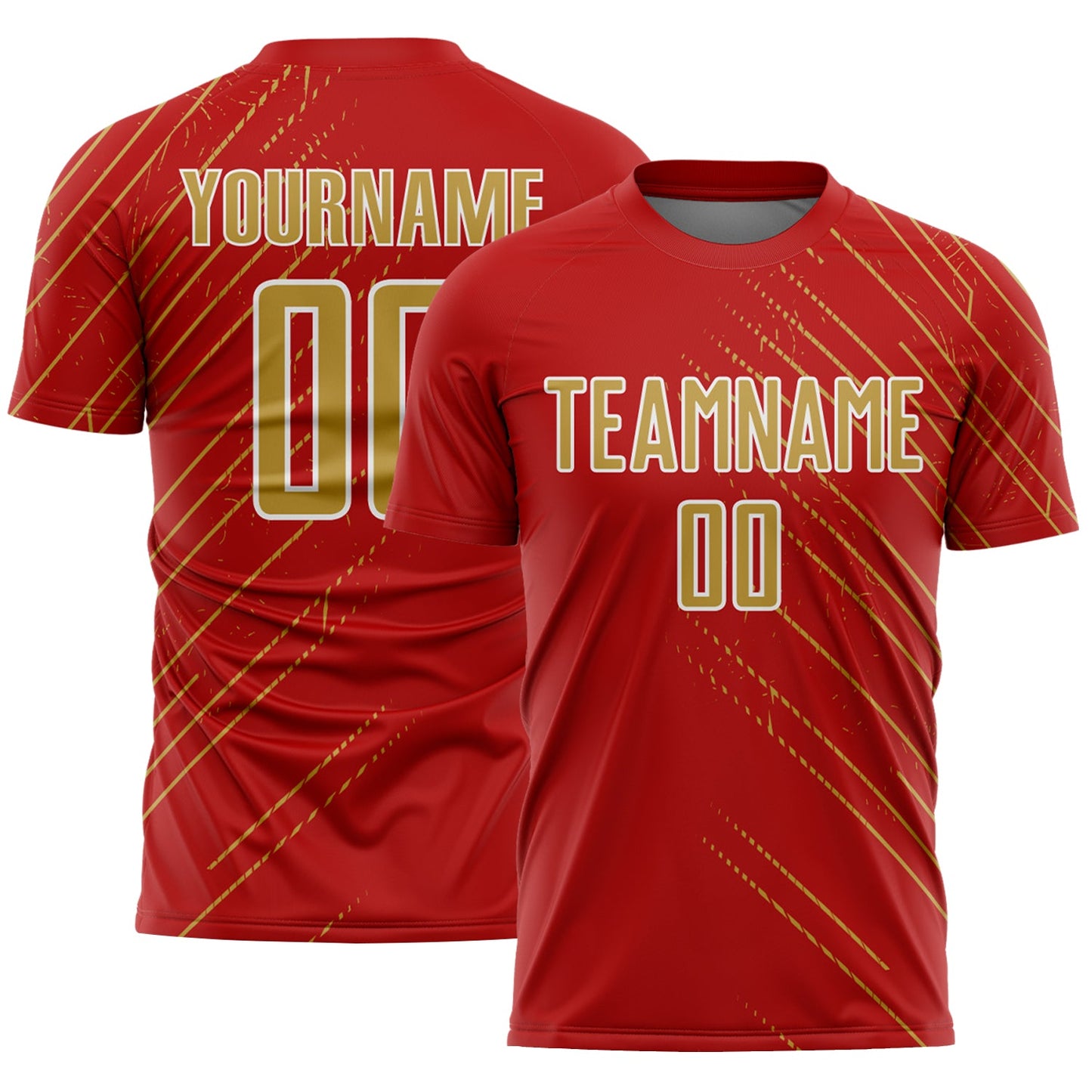 Custom Red Old Gold-White Lines Sports Sublimation Soccer Uniform Jersey - Main View