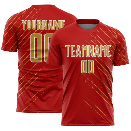 Custom Red Old Gold-White Lines Sports Sublimation Soccer Uniform Jersey - Main View