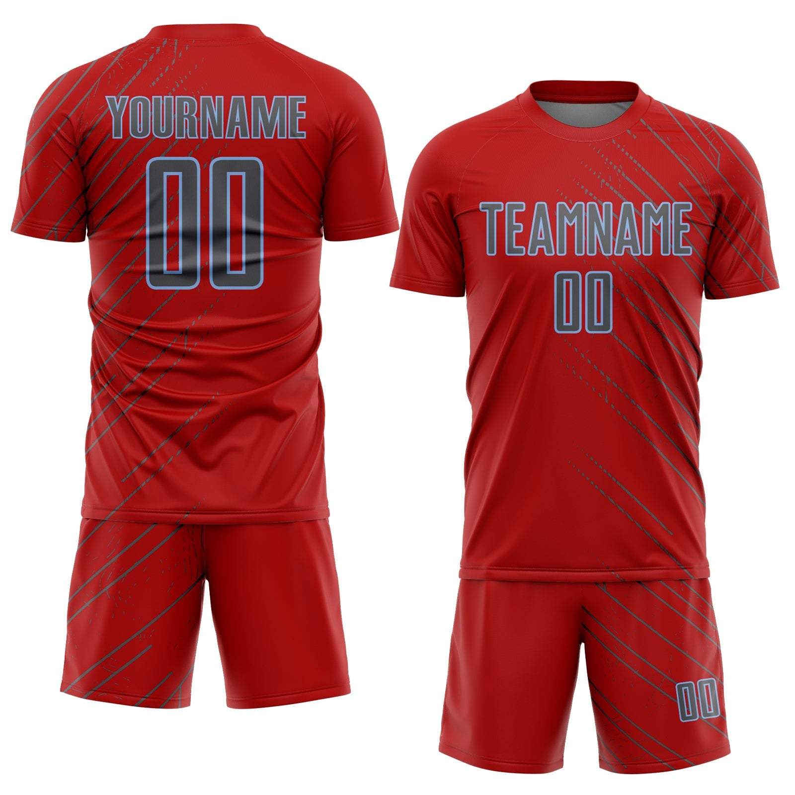Custom Red Steel Gray-Light Blue Lines Sports Sublimation Soccer Uniform Jersey view 2