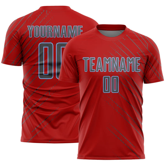 Custom Red Steel Gray-Light Blue Lines Sports Sublimation Soccer Uniform Jersey - Main View