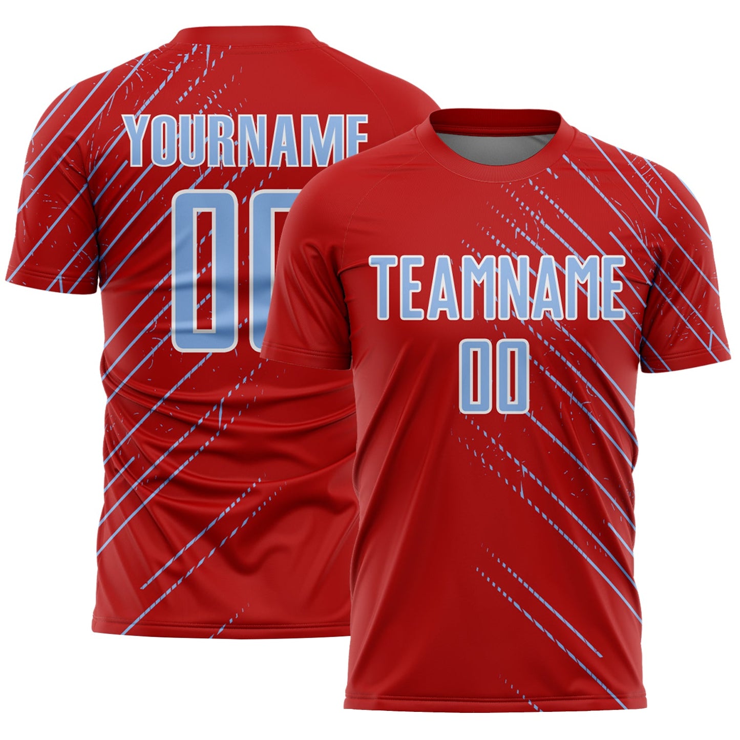 Custom Red Light Blue-White Lines Sports Sublimation Soccer Uniform Jersey - Main View