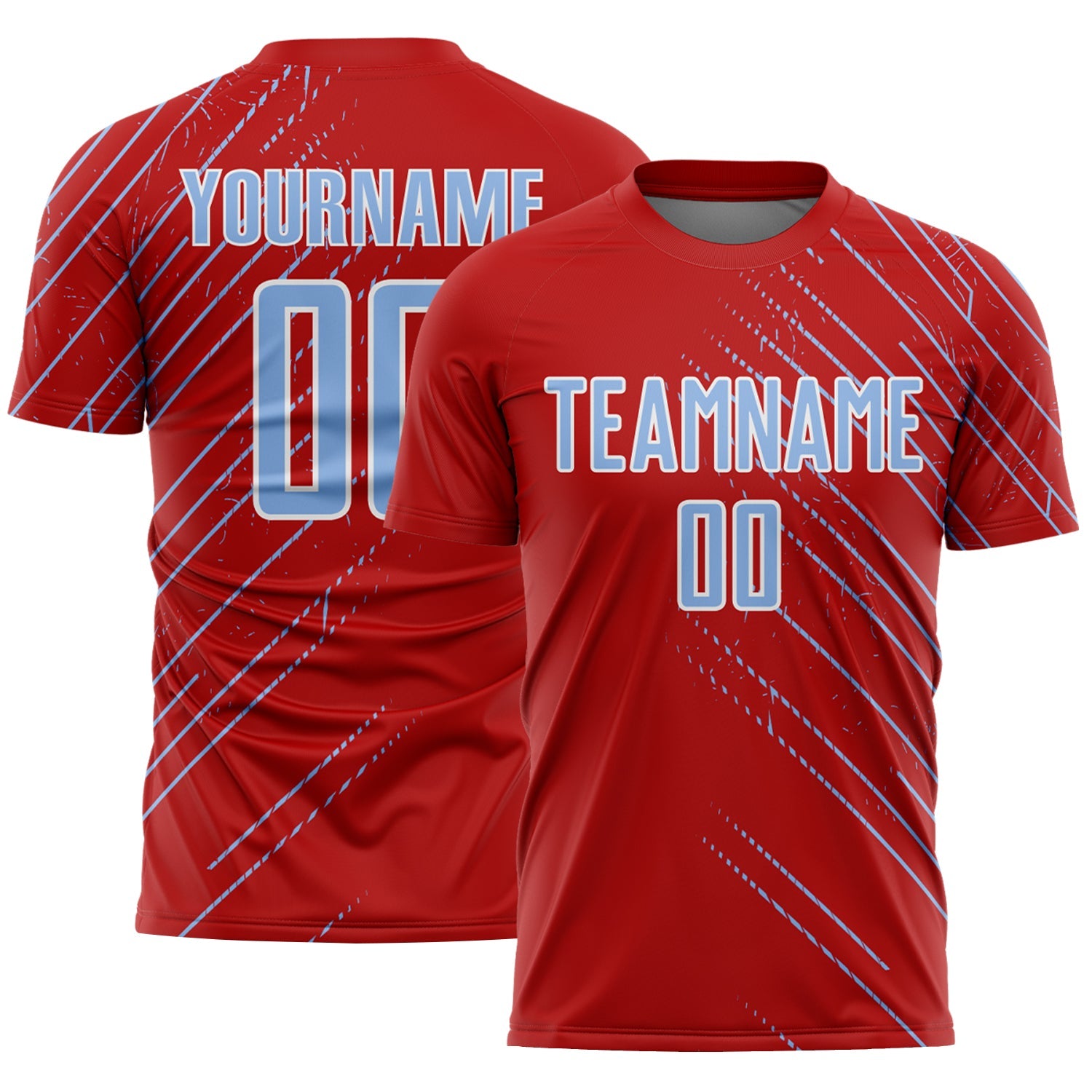 Custom Red Light Blue-White Lines Sports Sublimation Soccer Uniform Jersey - Main View
