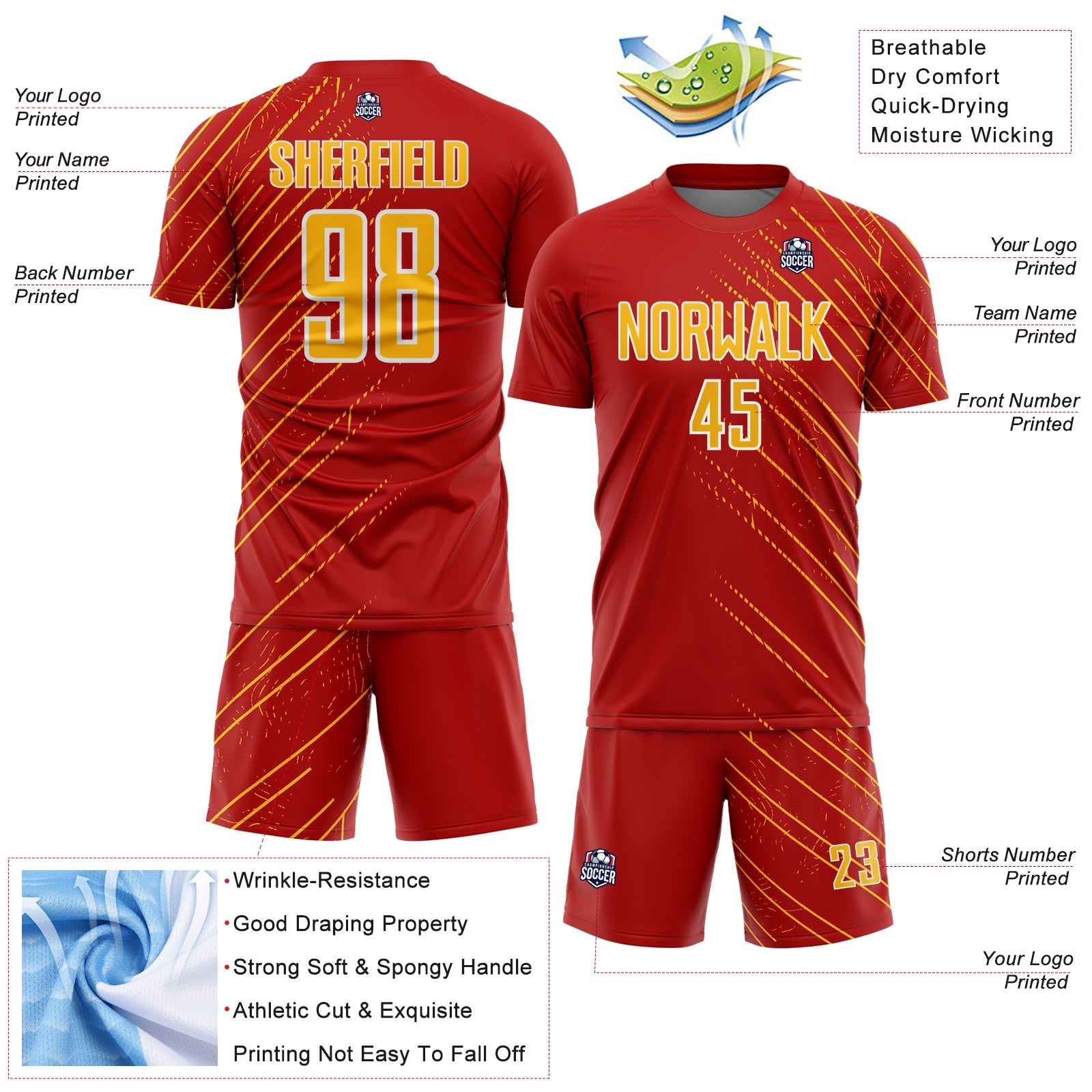 Custom Red Gold-White Lines Sports Sublimation Soccer Uniform Jersey view 4