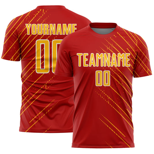 Custom Red Gold-White Lines Sports Sublimation Soccer Uniform Jersey - Main View