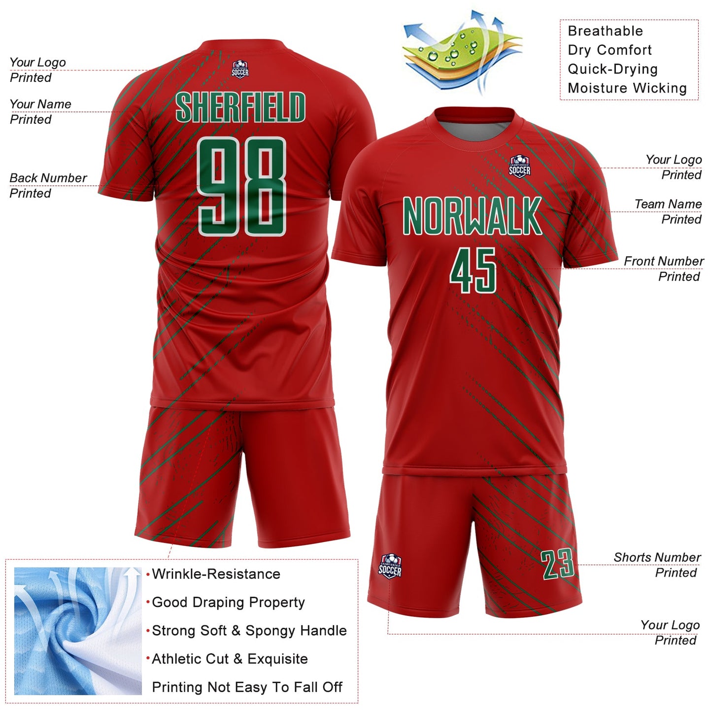 Custom Red Kelly Green-White Lines Sports Sublimation Soccer Uniform Jersey view 4