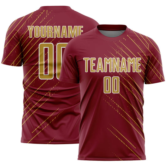 Custom Crimson Old Gold-White Lines Sports Sublimation Soccer Uniform Jersey - Main View