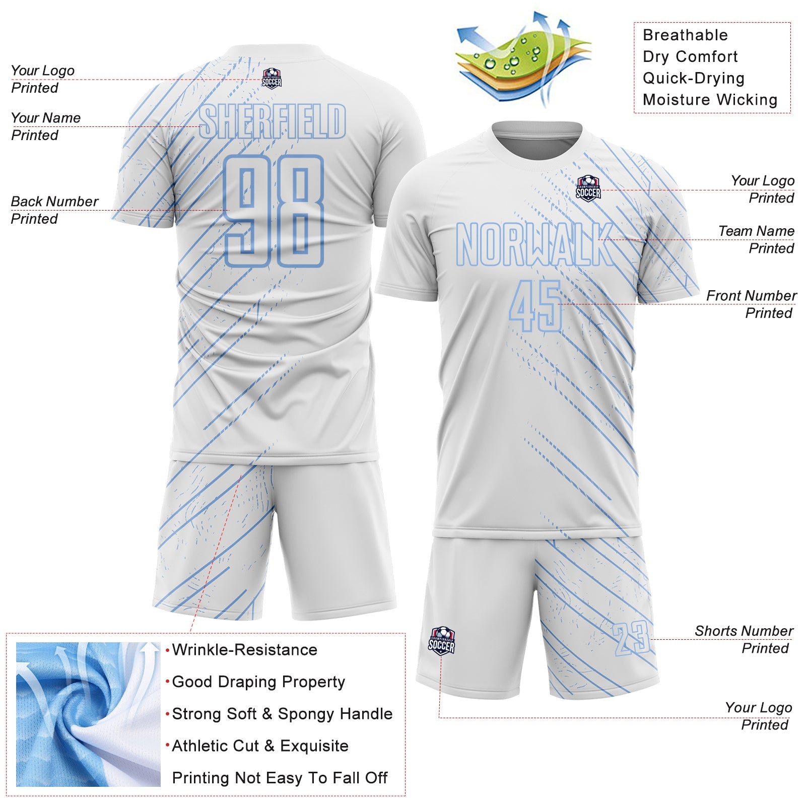 Custom White Light Blue Lines Sports Sublimation Soccer Uniform Jersey view 4