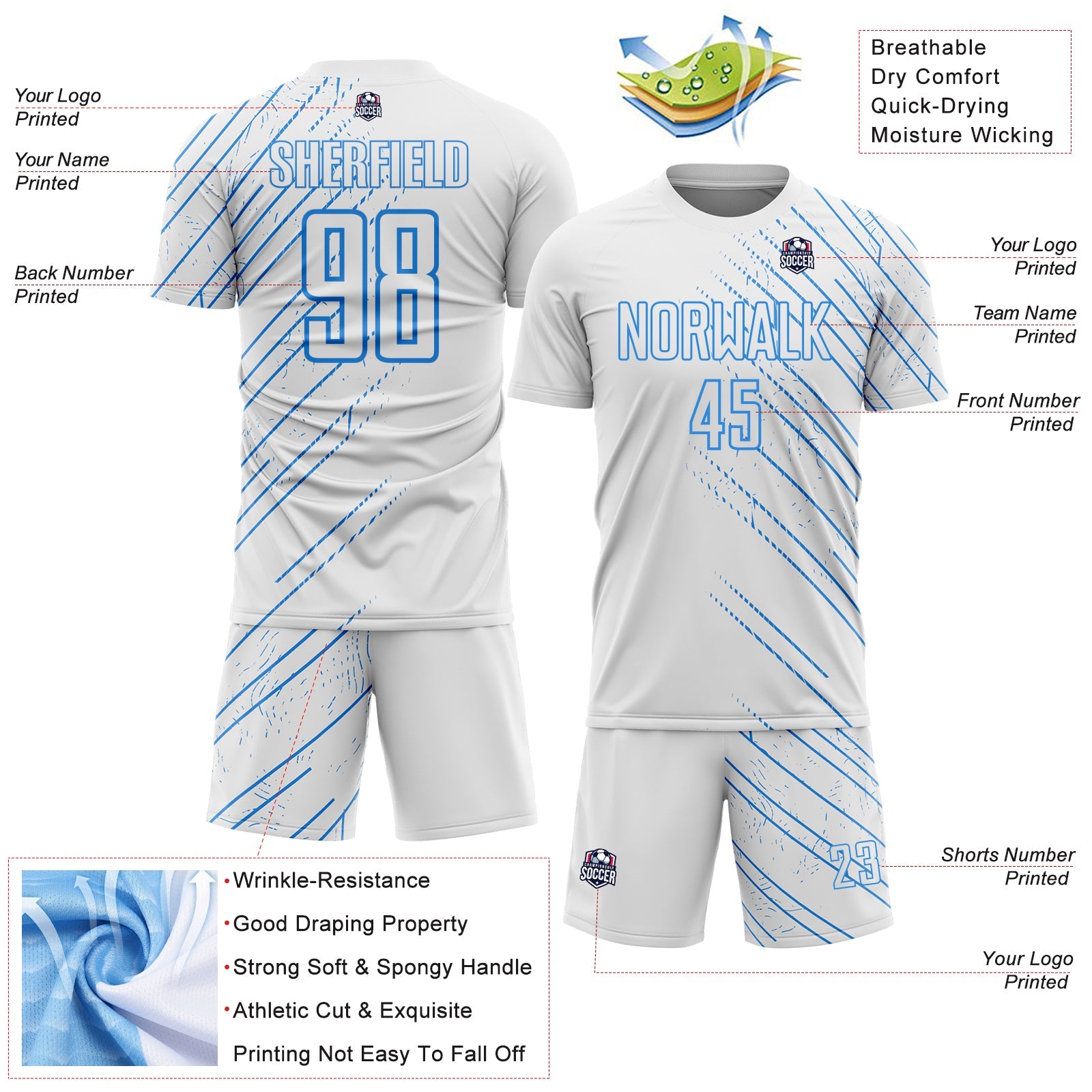 Custom White Powder Blue Lines Sports Sublimation Soccer Uniform Jersey view 4
