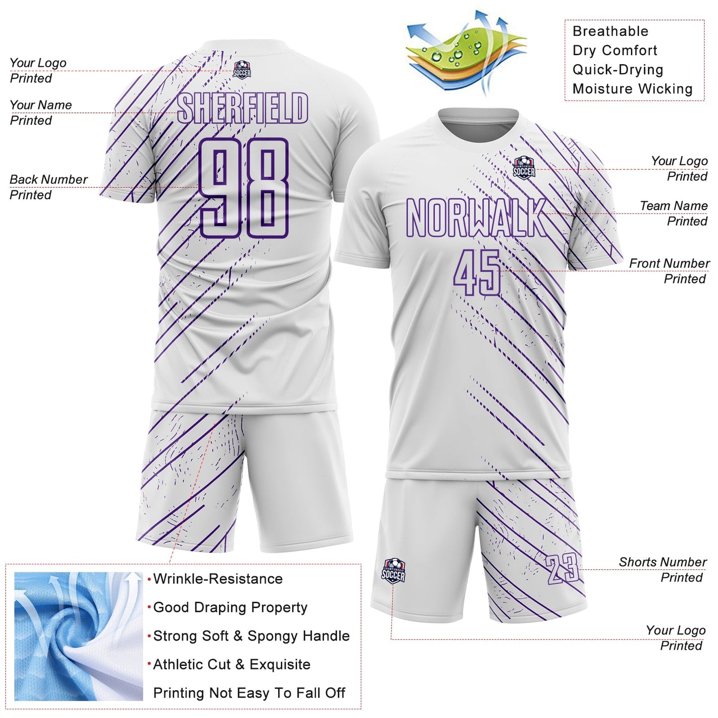 Custom White Purple Lines Sports Sublimation Soccer Uniform Jersey view 4