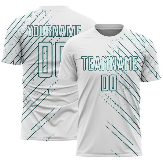 Custom White Teal Lines Sports Sublimation Soccer Uniform Jersey - Main View