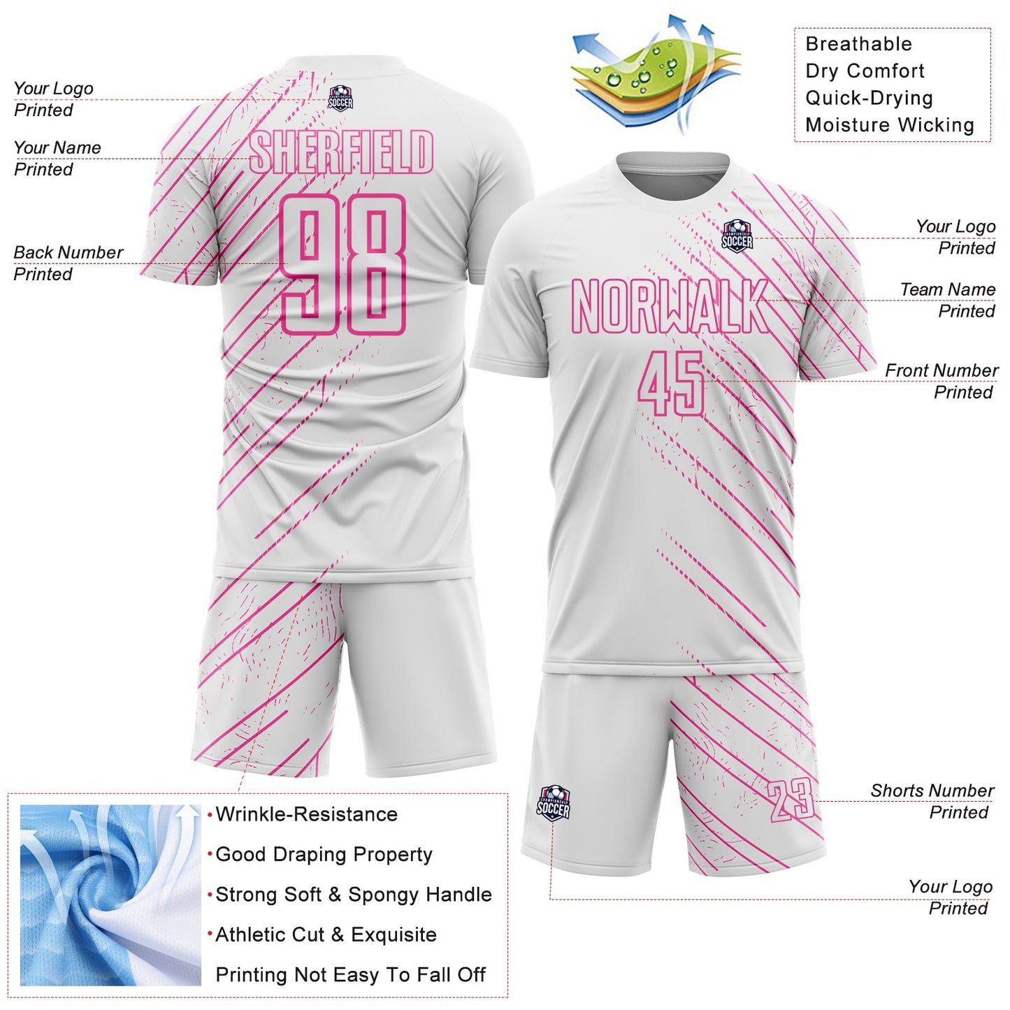 Custom White Pink Lines Sports Sublimation Soccer Uniform Jersey view 4