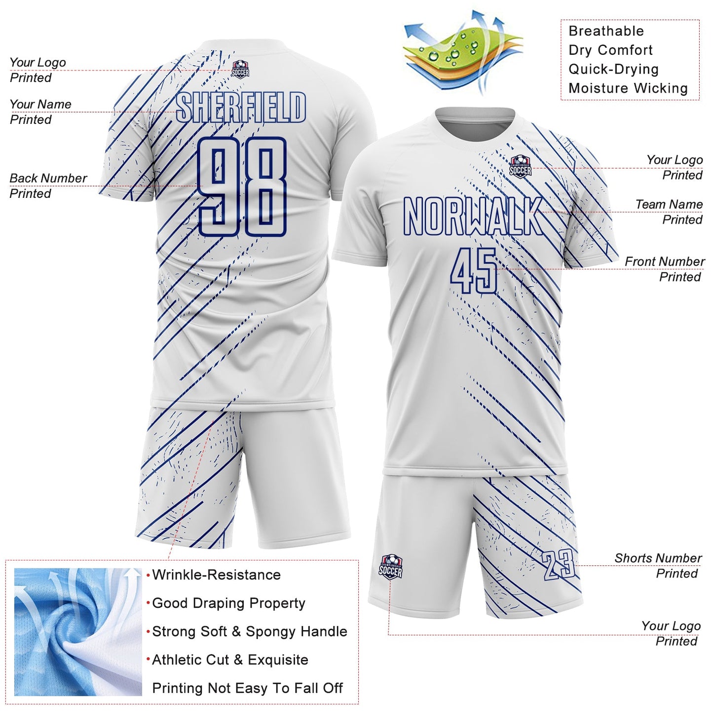 Custom White Royal Lines Sports Sublimation Soccer Uniform Jersey view 4