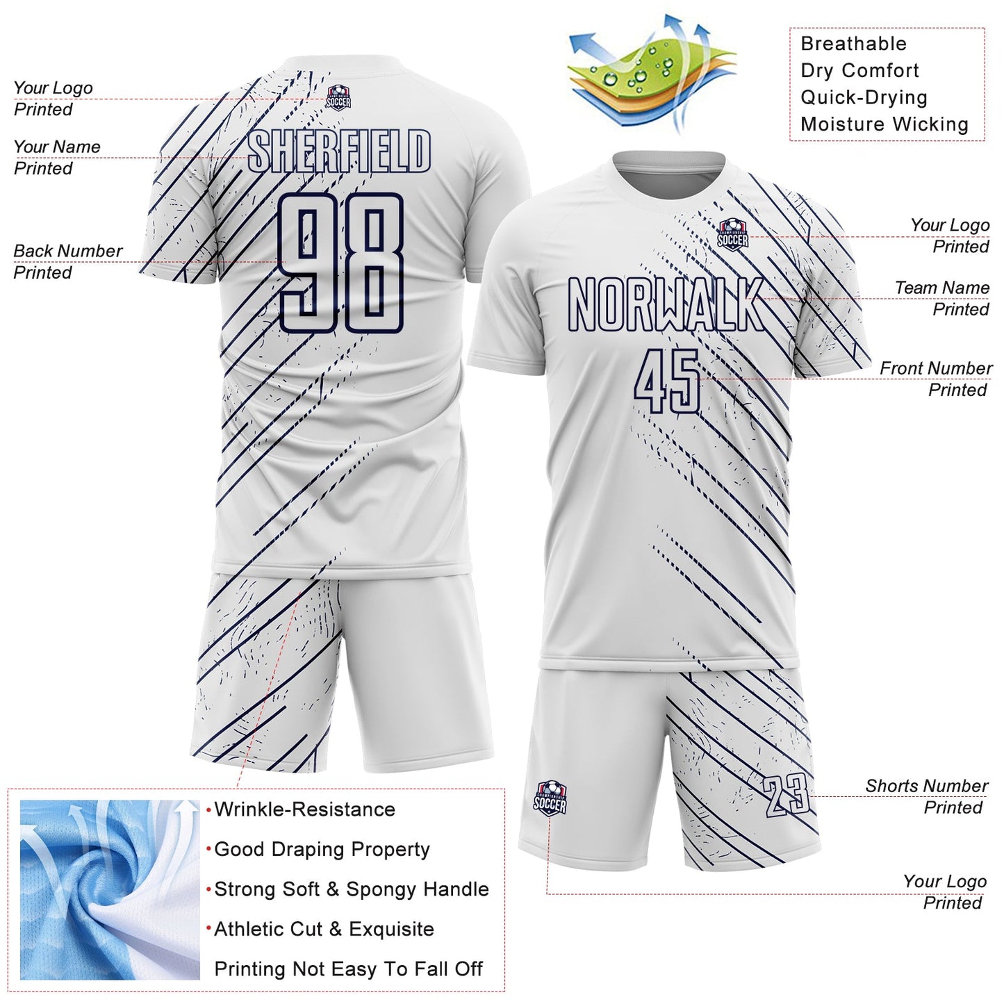 Custom White Navy Lines Sports Sublimation Soccer Uniform Jersey view 4