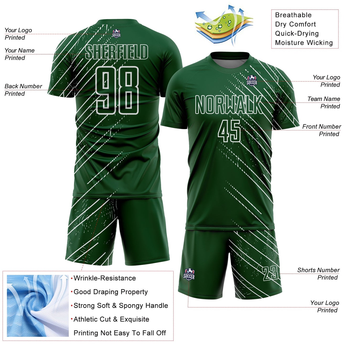 Custom Green White Lines Sports Sublimation Soccer Uniform Jersey view 4