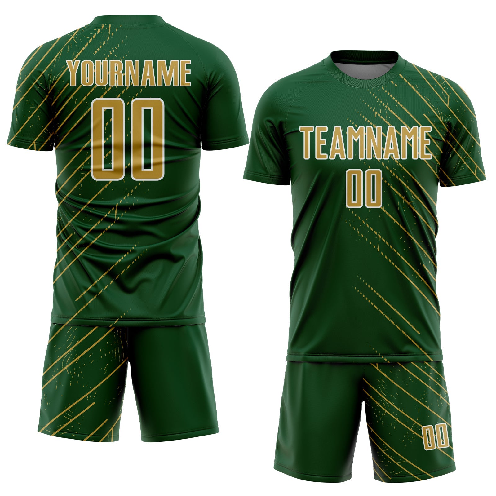 Custom Green Old Gold-White Lines Sports Sublimation Soccer Uniform Jersey view 2
