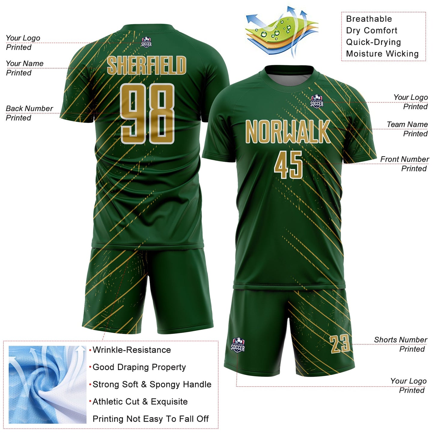 Custom Green Old Gold-White Lines Sports Sublimation Soccer Uniform Jersey view 4