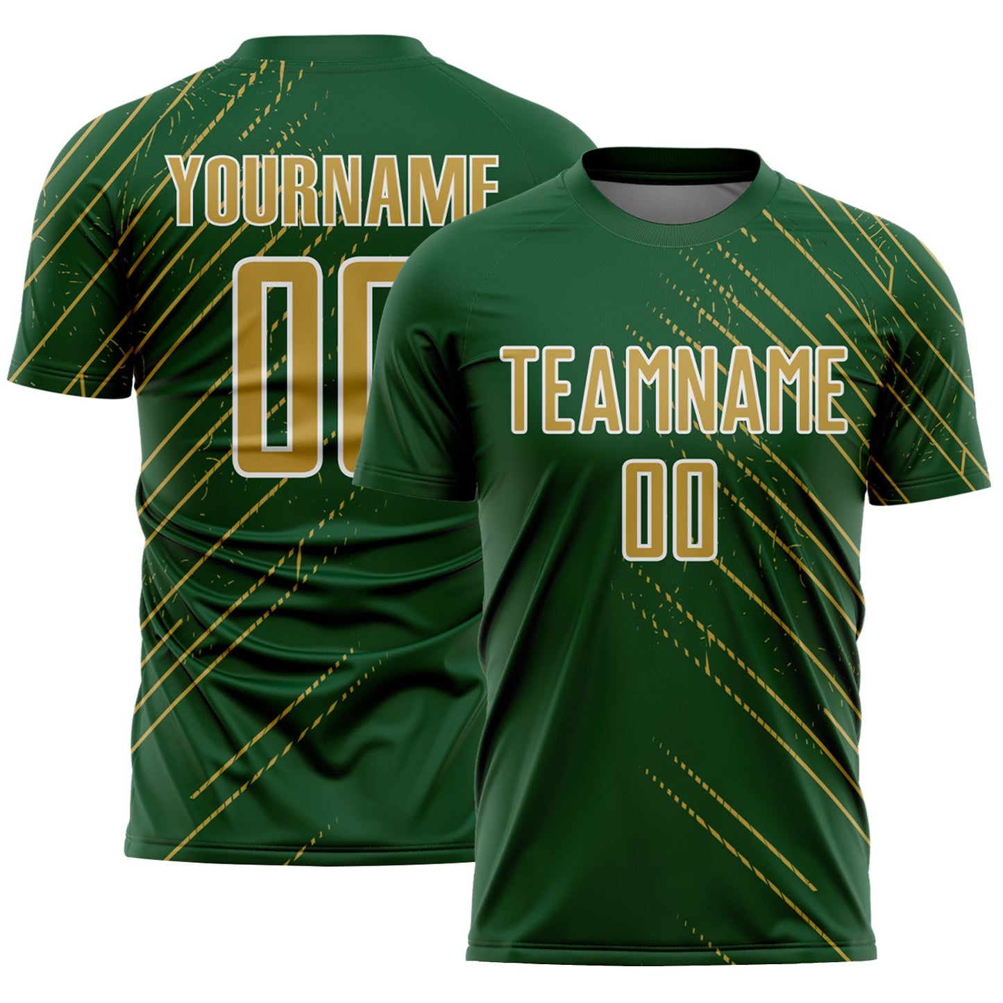 Custom Green Old Gold-White Lines Sports Sublimation Soccer Uniform Jersey - Main View