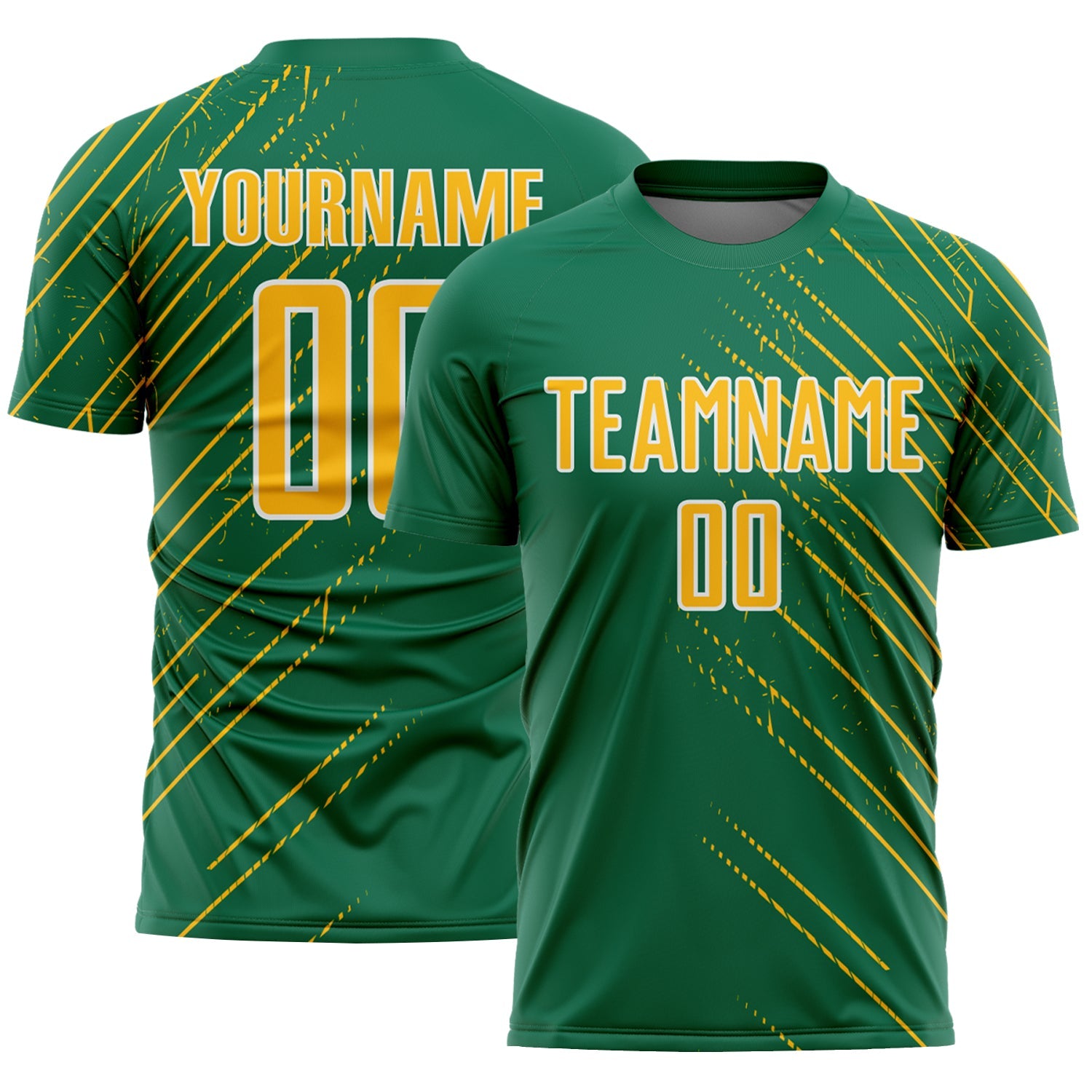 Custom Kelly Green Gold-White Lines Sports Sublimation Soccer Uniform Jersey - Main View