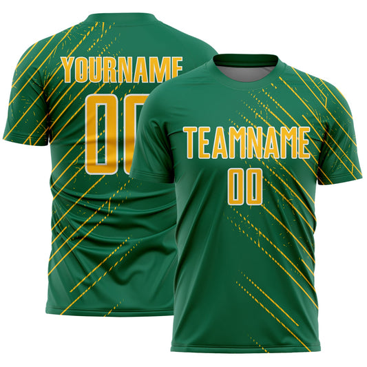 Custom Kelly Green Gold-White Lines Sports Sublimation Soccer Uniform Jersey - Main View