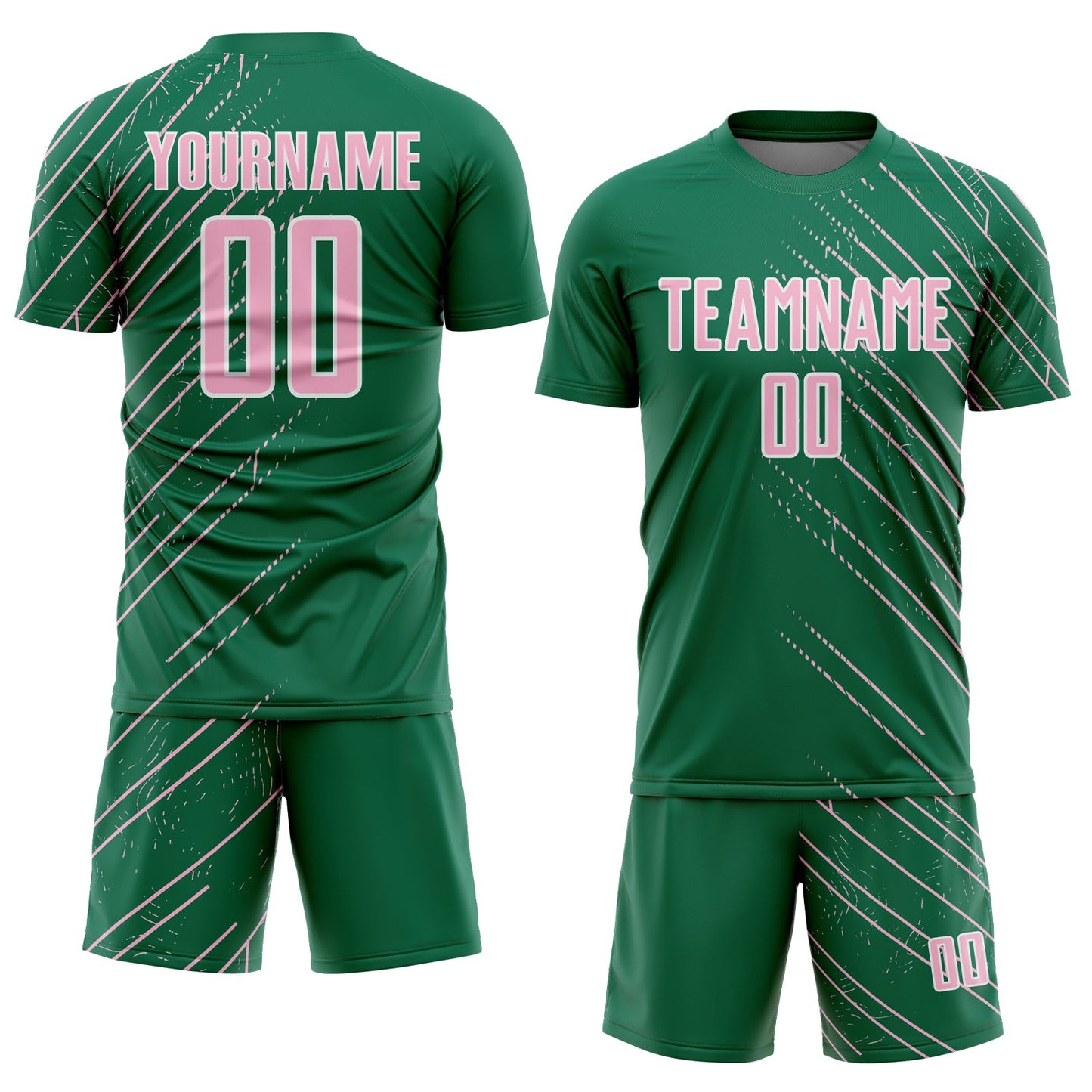 Custom Kelly Green Light Pink-White Lines Sports Sublimation Soccer Uniform Jersey view 2