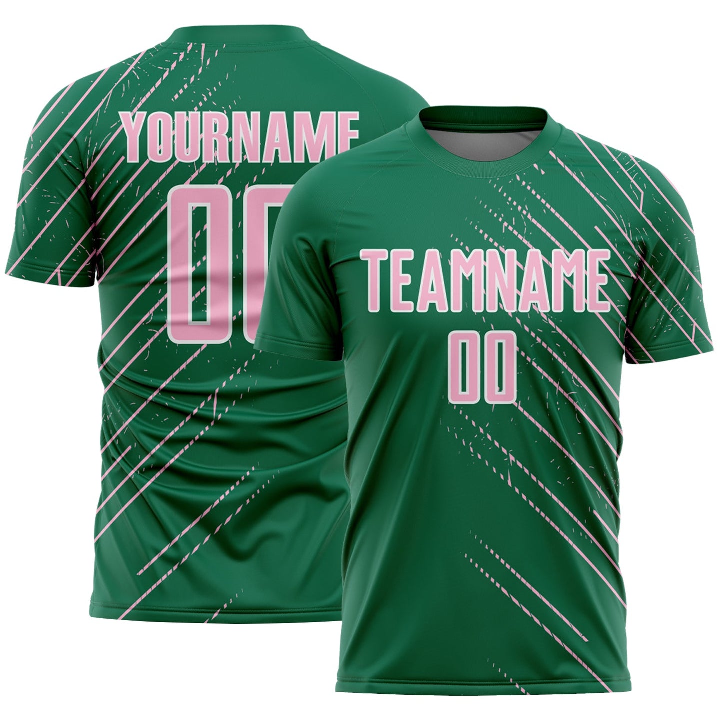 Custom Kelly Green Light Pink-White Lines Sports Sublimation Soccer Uniform Jersey - Main View