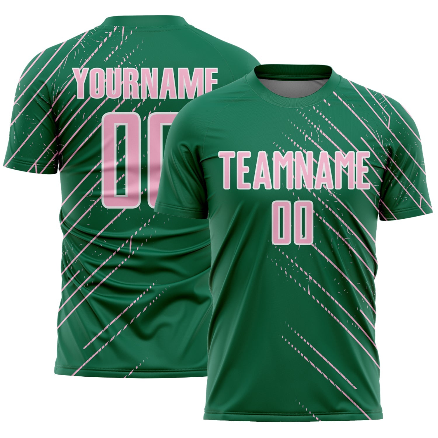 Custom Kelly Green Light Pink-White Lines Sports Sublimation Soccer Uniform Jersey - Main View