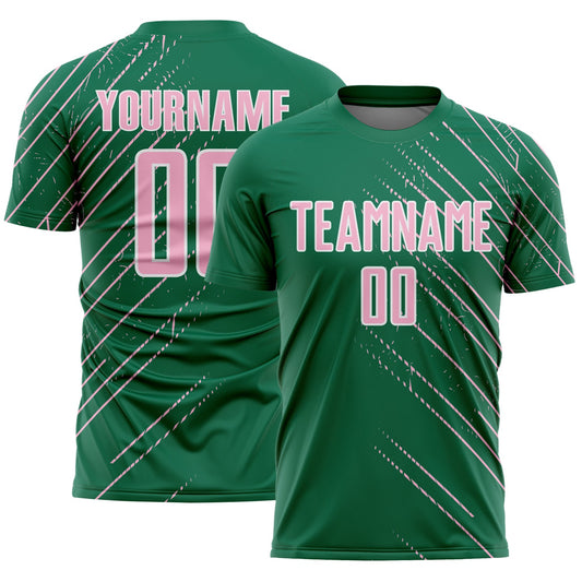 Custom Kelly Green Light Pink-White Lines Sports Sublimation Soccer Uniform Jersey - Main View