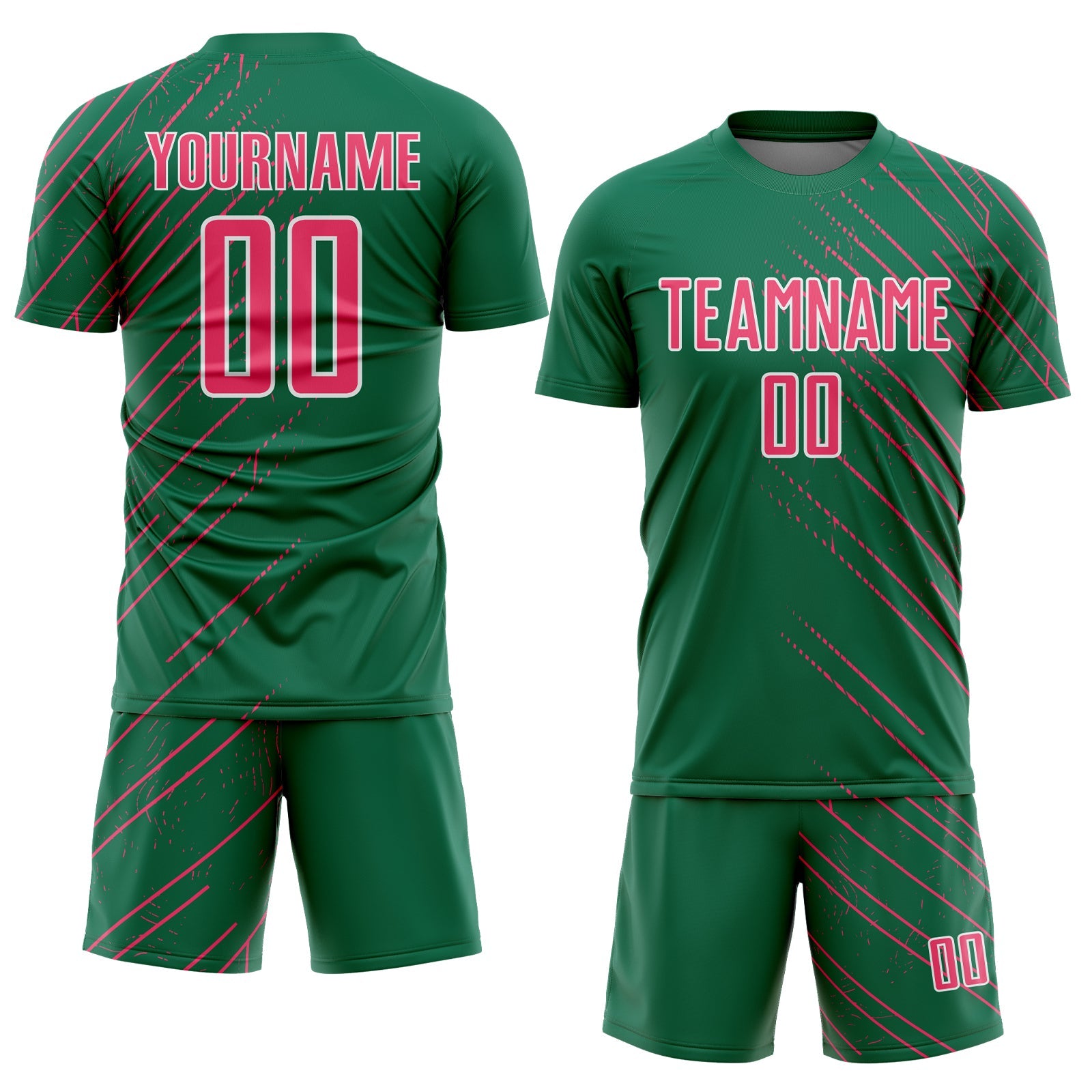 Custom Kelly Green Neon Pink-White Lines Sports Sublimation Soccer Uniform Jersey view 2