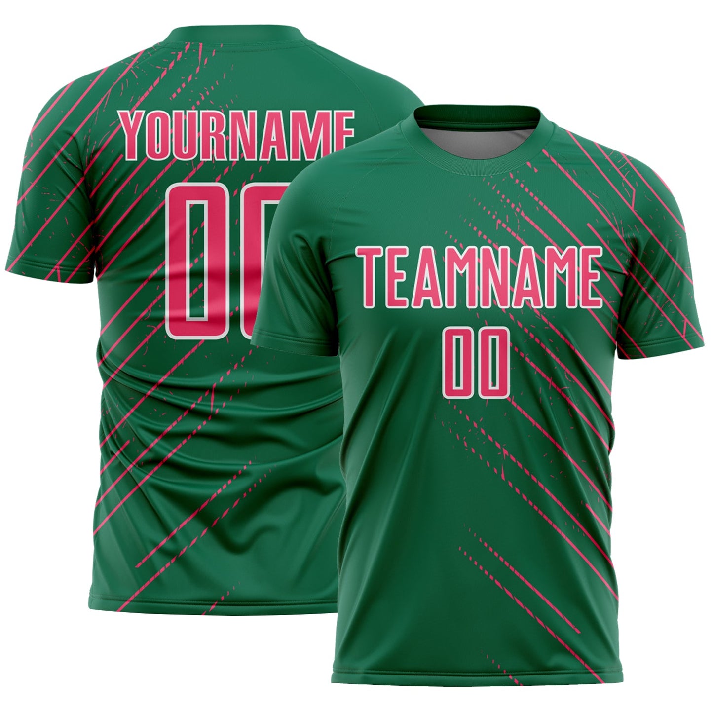 Custom Kelly Green Neon Pink-White Lines Sports Sublimation Soccer Uniform Jersey - Main View