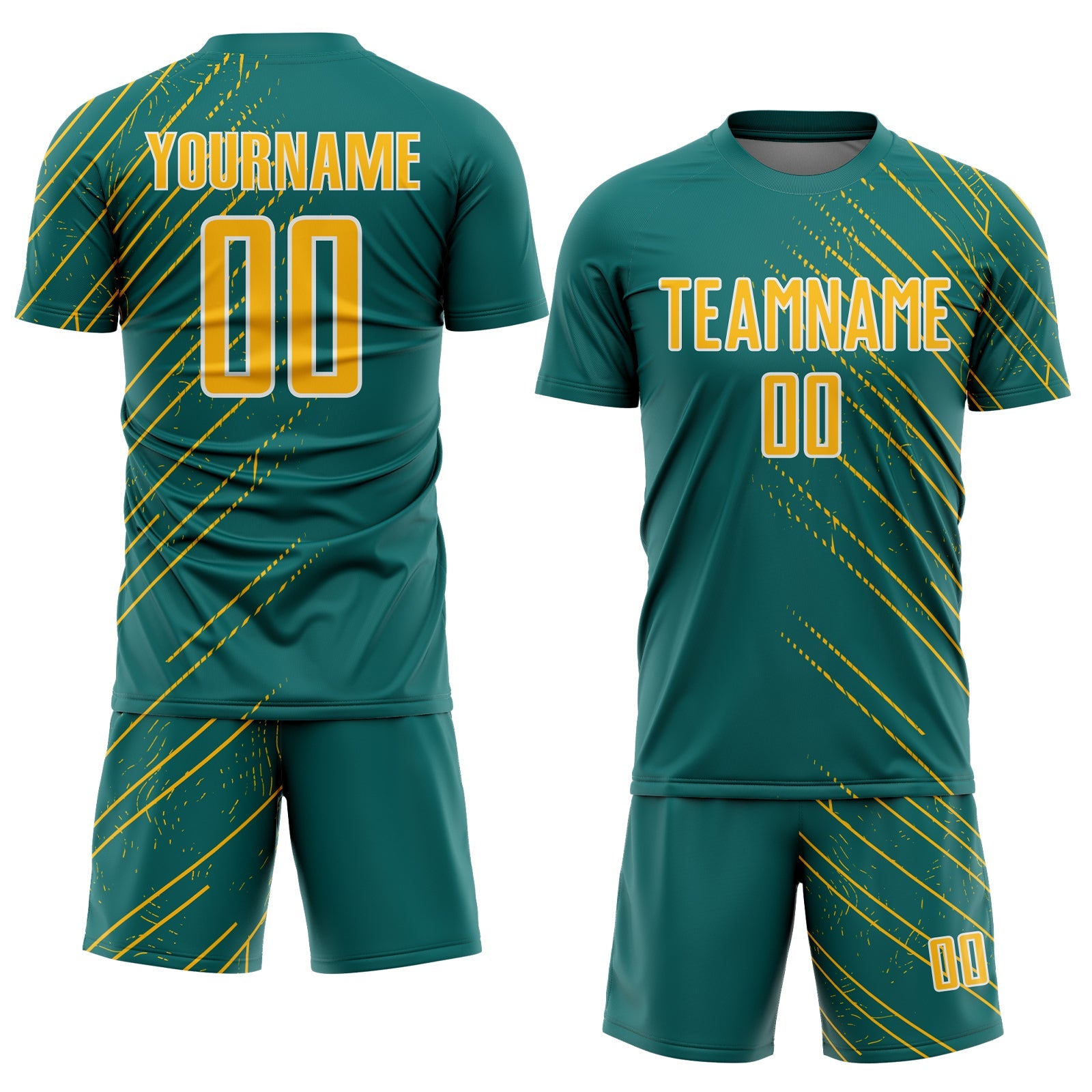 Custom Teal Gold-White Lines Sports Sublimation Soccer Uniform Jersey view 2
