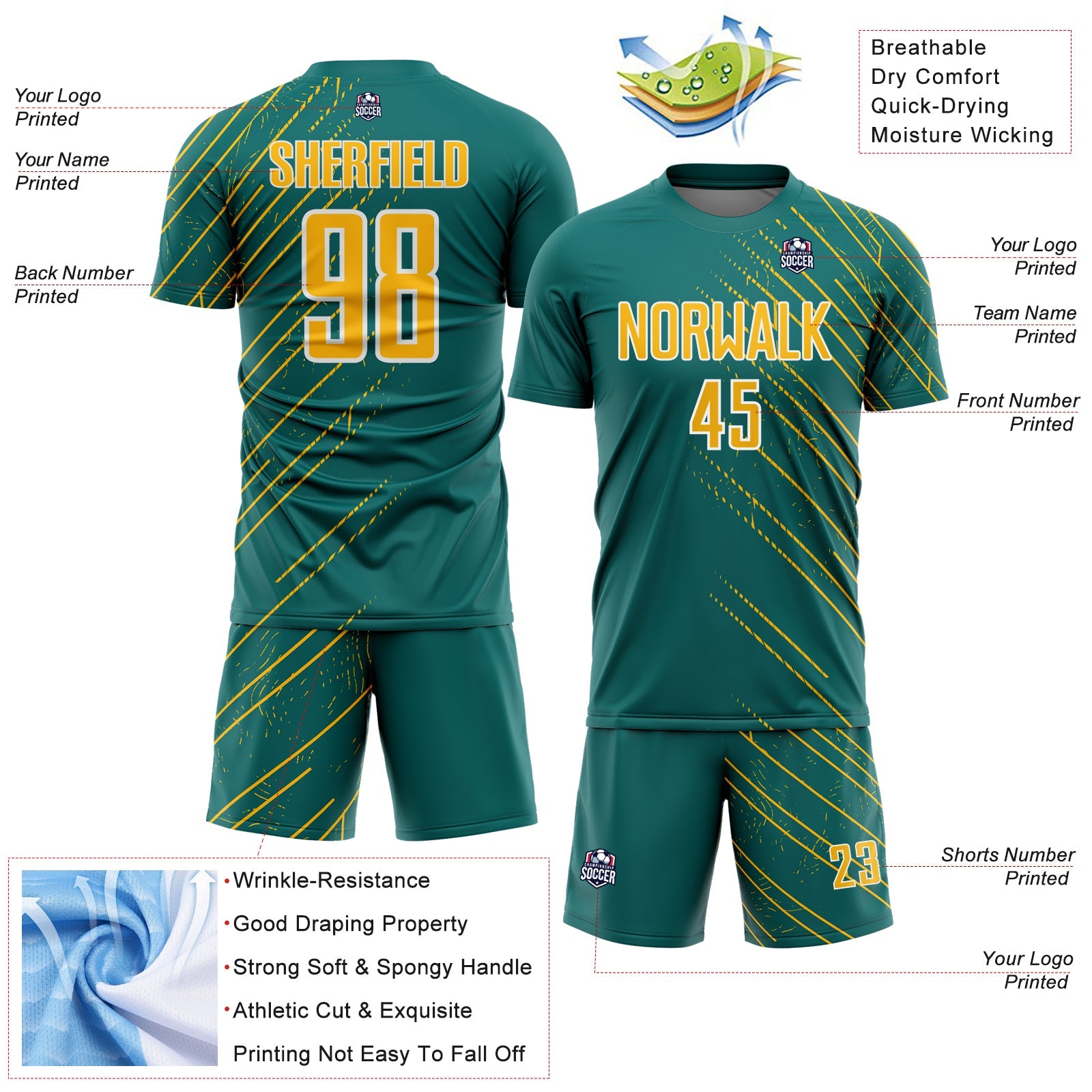 Custom Teal Gold-White Lines Sports Sublimation Soccer Uniform Jersey view 4