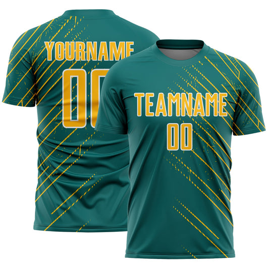 Custom Teal Gold-White Lines Sports Sublimation Soccer Uniform Jersey - Main View