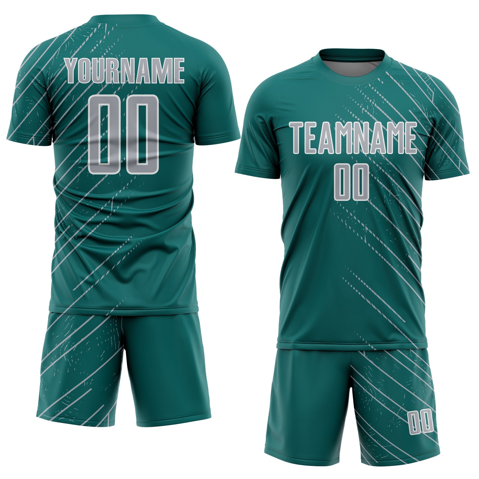 Custom Teal Gray-White Lines Sports Sublimation Soccer Uniform Jersey view 2