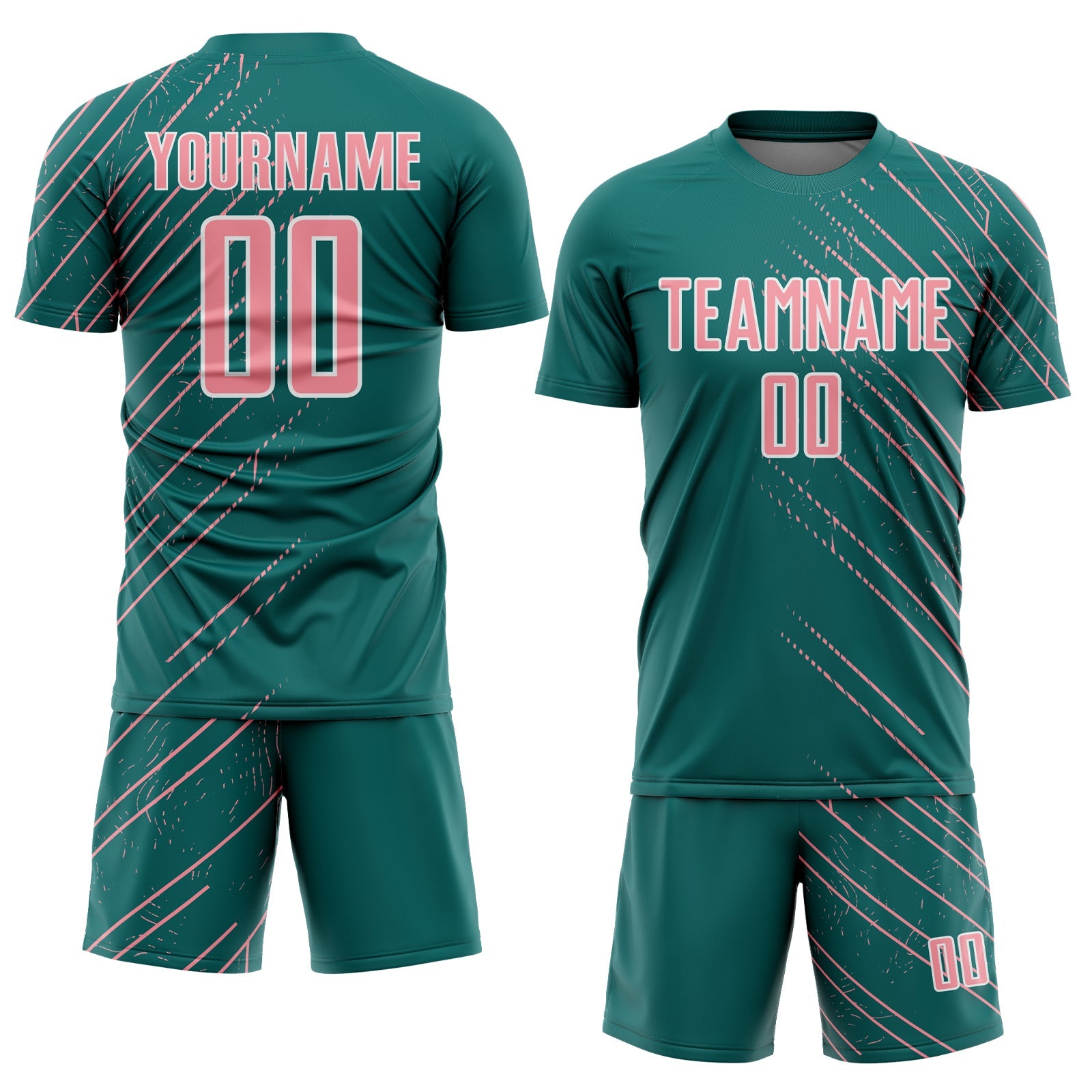 Custom Teal Medium Pink-White Lines Sports Sublimation Soccer Uniform Jersey view 2